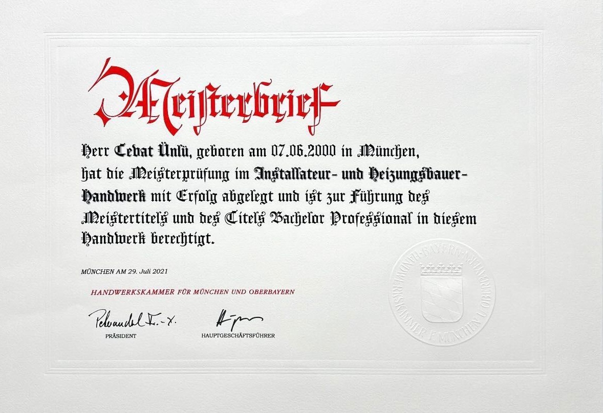 Meisterbrief der Handwerkskammer für München und Oberbayern – Cebat Ünlü, Installateur- und Heizungsbauer-Handwerk